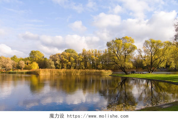 秋天秋季自然风景天空下的树木湖泊倒影风景图